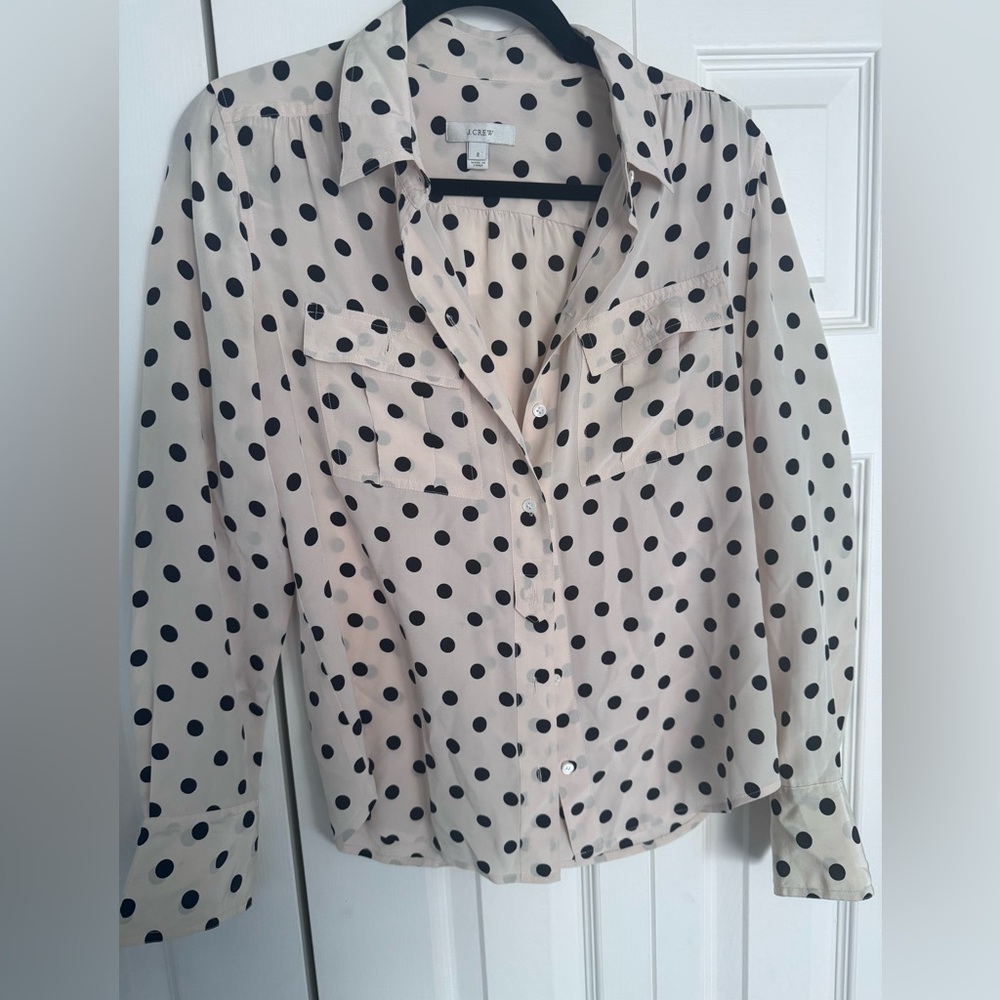 J. Crew 100% Silk Polka Dot Shirt Blouse Size 2 Button Down Career Creme Black
